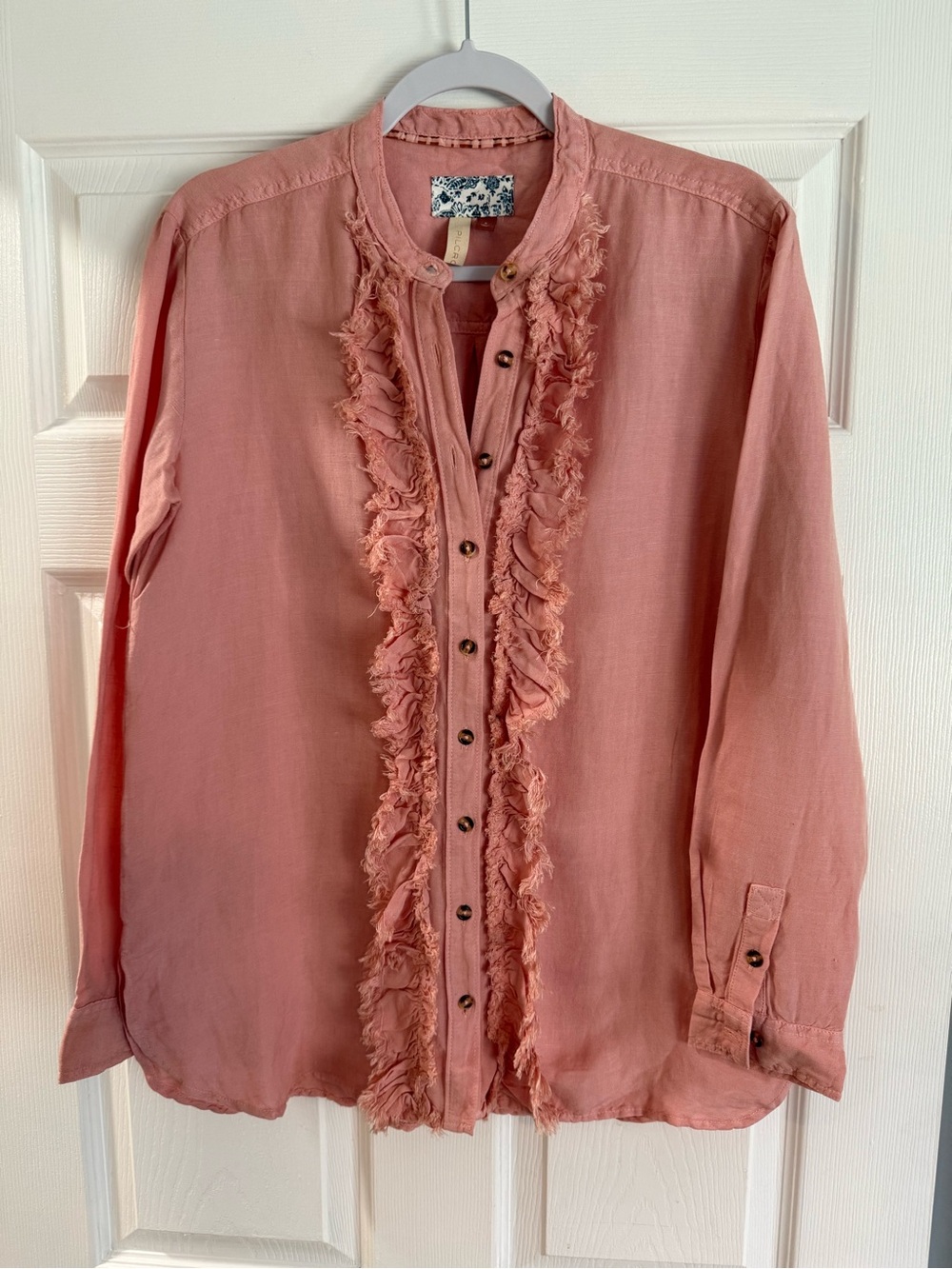 Free People Dusty Pink Ruffle-Front Button Down Shirt